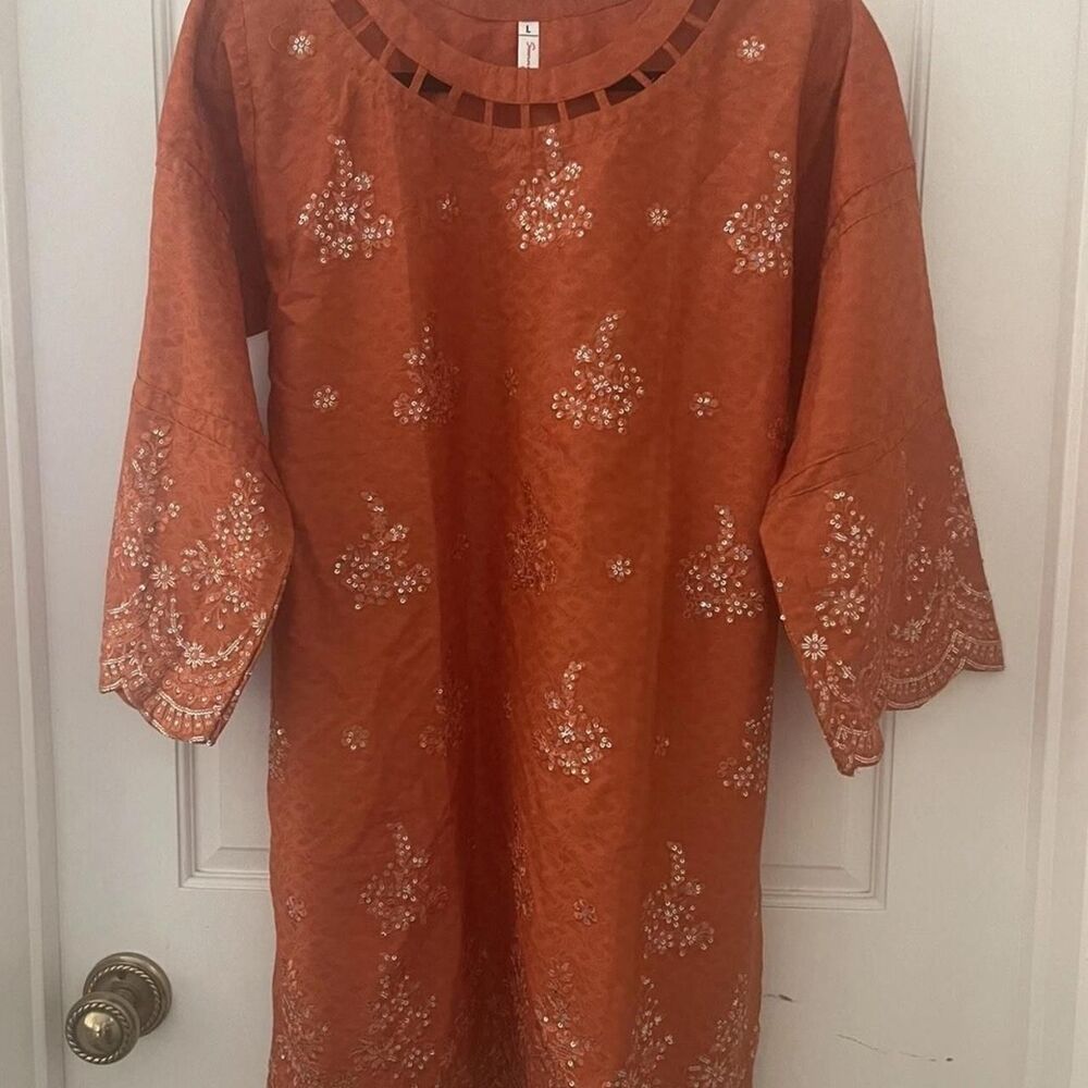 Sunny Dot Women’s Orange Indian Kurti Embroidered Sequins Long Sleeve Size L